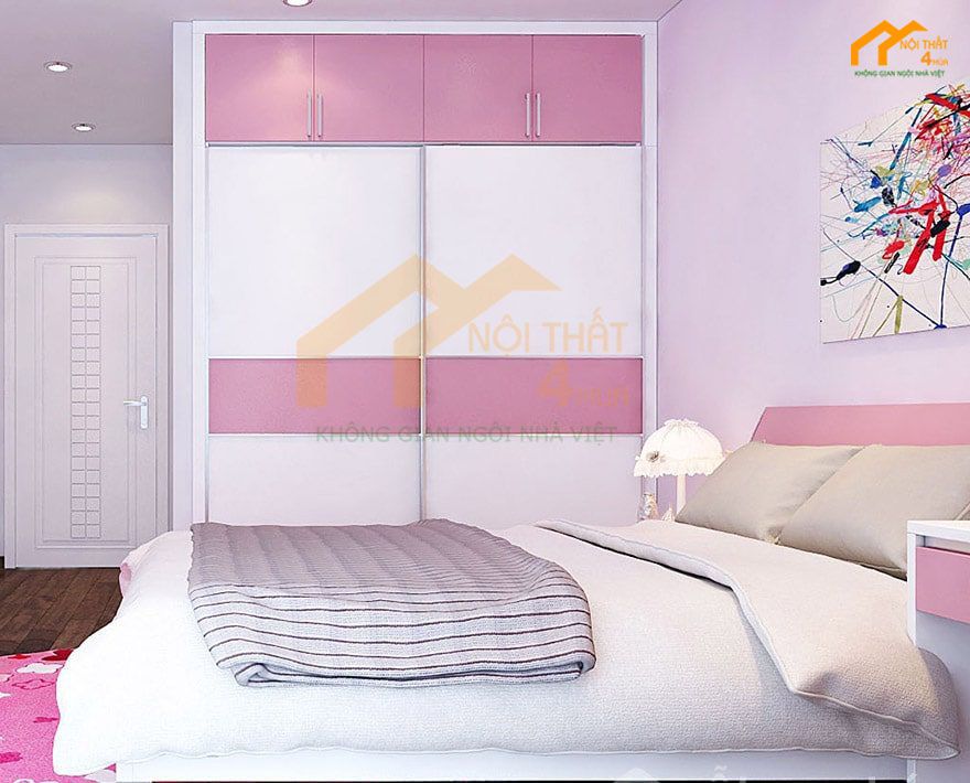 Mẫu tủ áo màu hồng cánh cửa lùa