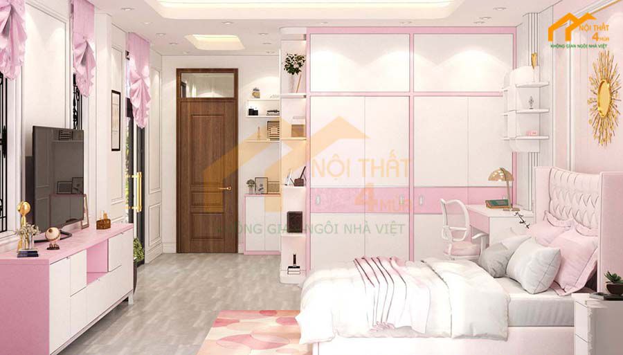 Mẫu tủ áo màu hồng cánh cửa lùa