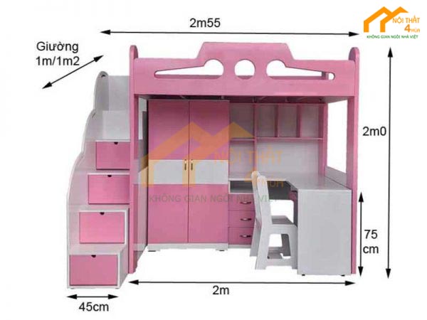 Kích thước giường tầng cho bé màu hồng
