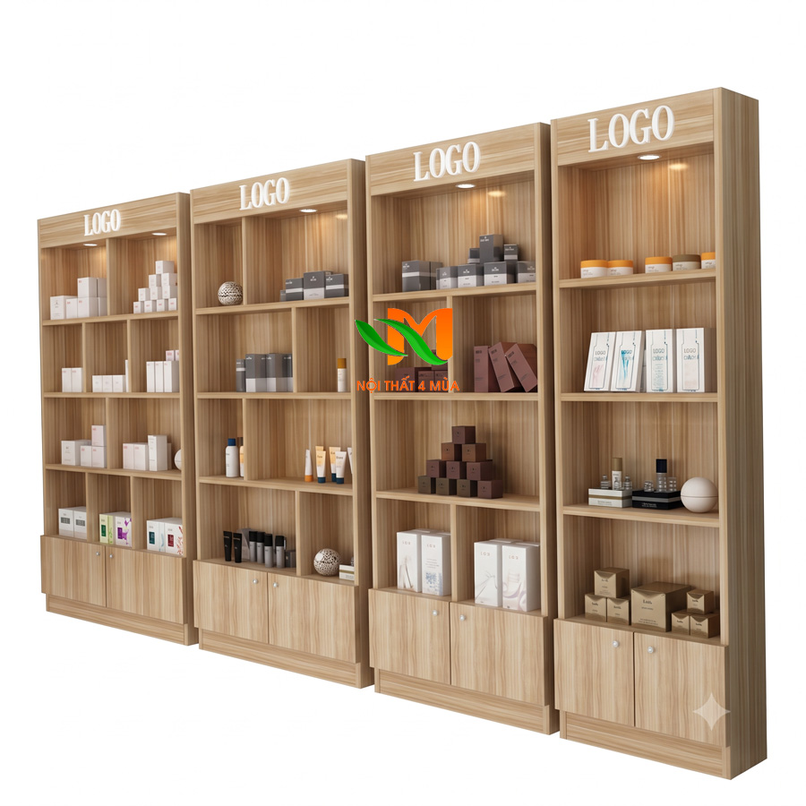 Kệ trưng bày mỹ phẩm MDF giá rẻ – KTBMP16 Mẫu tủ trưng bày mỹ phẩm bằng gỗ