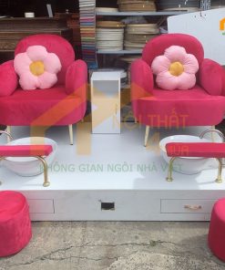 Mẫu ghế làm nail vải nhung đôi màu đỏ