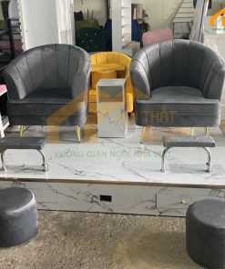 Mẫu ghế làm nail vải nhung đôi màu xám