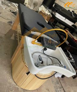 Giường gội đầu dưỡng sinh bồn sứ gỗ thông nệm đen