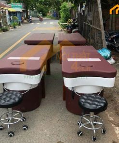 Giường gội đầu bồn sứ chân gỗ màu nâu