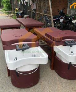 Giường gội đầu bồn sứ chân gỗ màu nâu