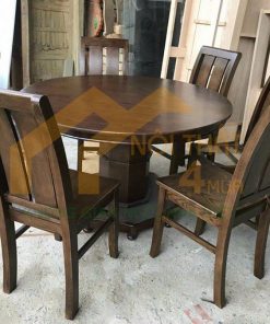 Mẫu bộ bàn ăn gỗ sồi màu óc chó hình tròn đẹp