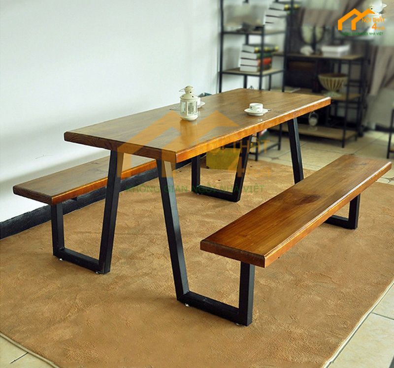 Mẫu bàn ăn chân sắt mặt gỗ hiện đại