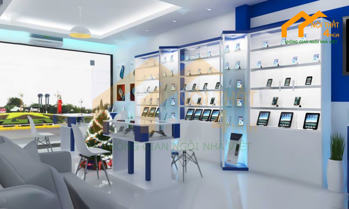 20+ Mẫu thiết kế cửa hàng phụ kiện điện thoại đẹp Hot 2025 9 shop phụ kiện điện thoại màu xanh trắng
