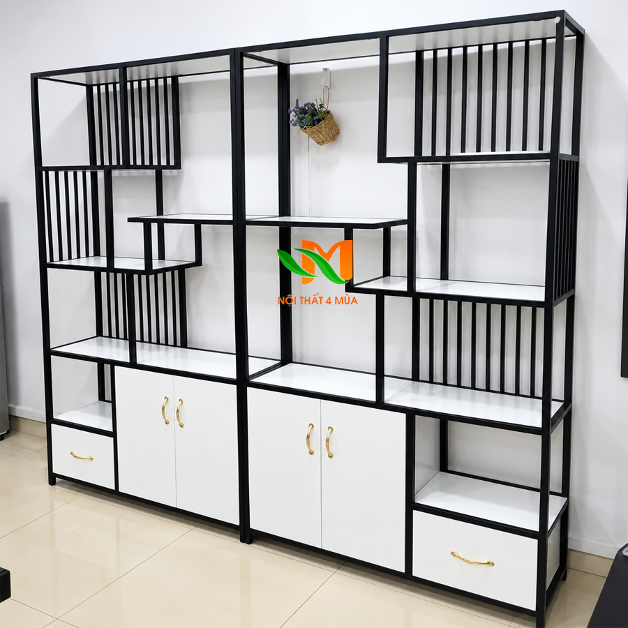 Kệ vách ngăn khung sắt tiệm nail hiện đại – KVNS01 Mẫu tủ trưng bày khung sắt hiện đại
