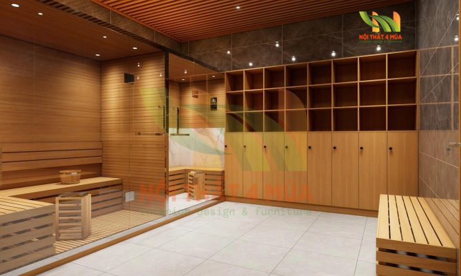 Thiết kế phòng xông hơi và khu locker spa Yuki – tối ưu công năng.